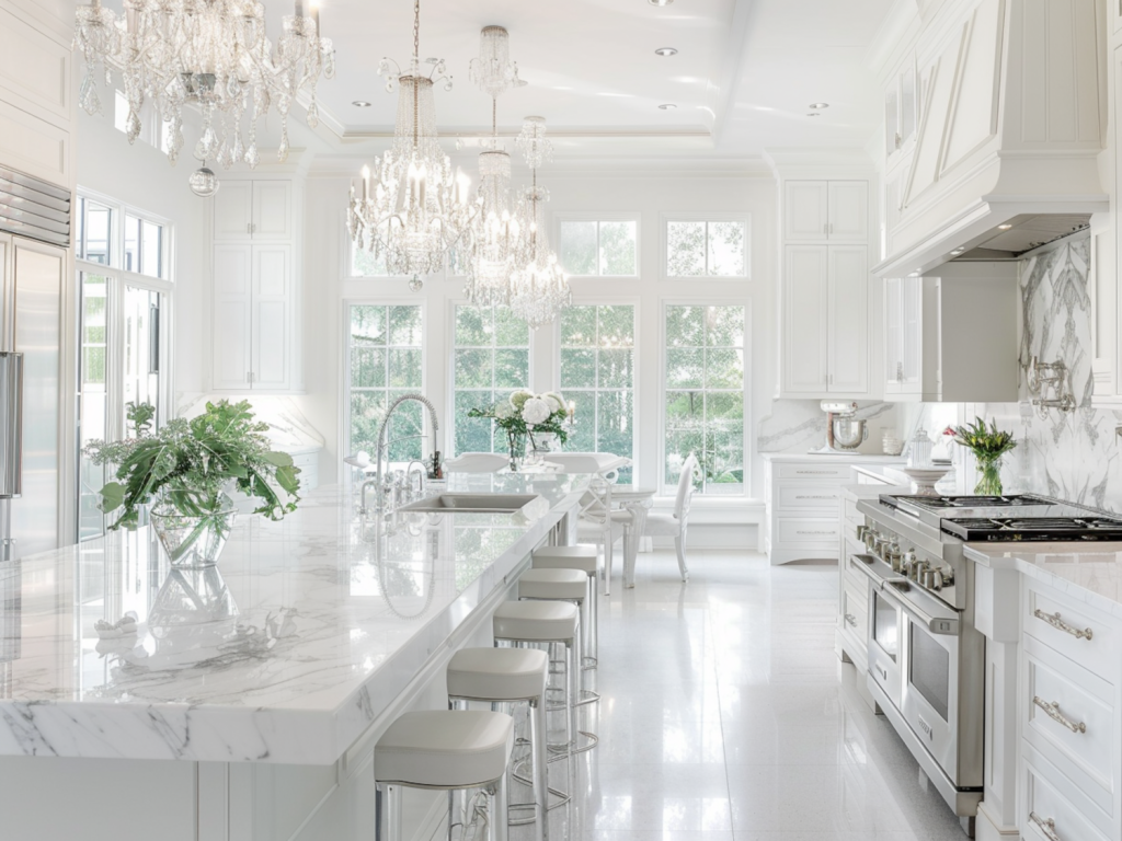 10 inspiracji na urządzenie kuchni w stylu glamour z marmurowymi wykończeniami