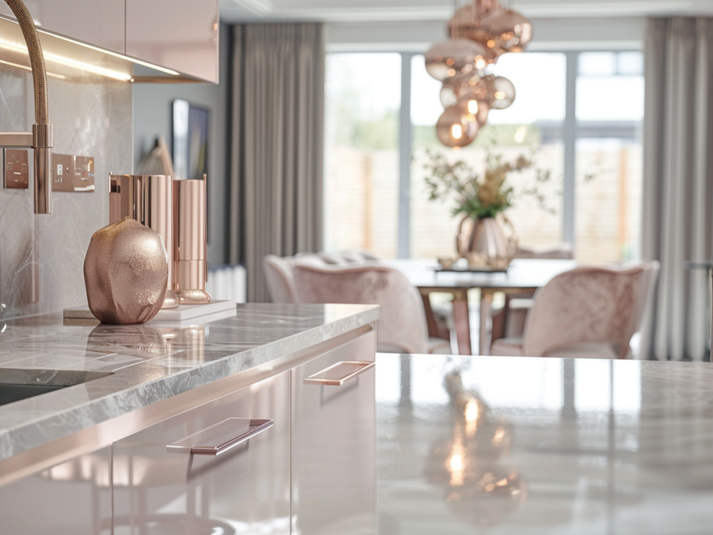 10 inspiracji na urządzenie kuchni w stylu glamour z marmurowymi wykończeniami