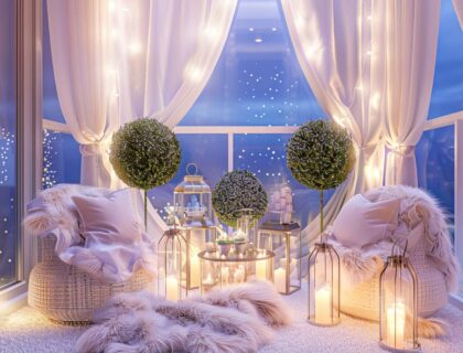 Jak zaaranżować balkon w stylu glamour z dodatkowymi akcentami świetlnymi
