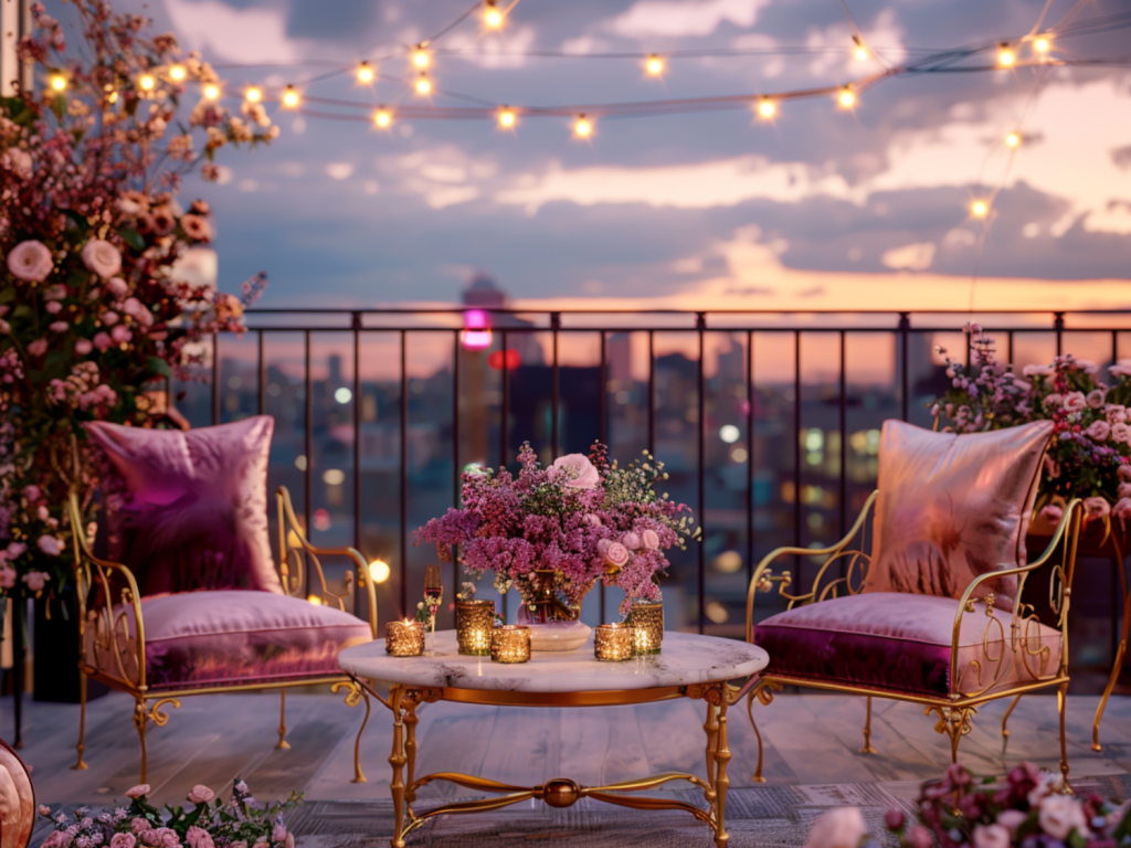 Jak zaaranżować balkon w stylu glamour z dodatkowymi akcentami świetlnymi