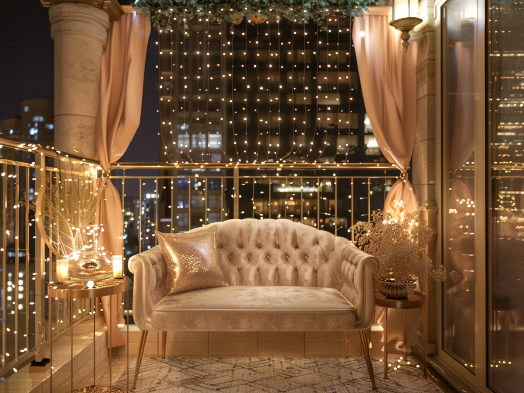 Jak zaaranżować balkon w stylu glamour z dodatkowymi akcentami świetlnymi