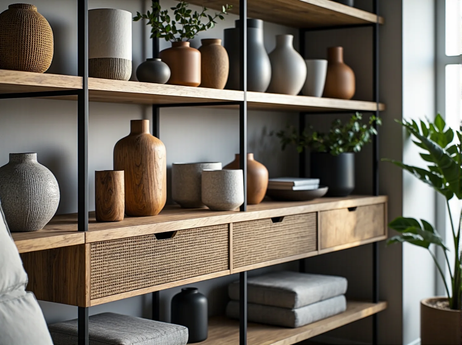 Aranżacja nowoczesnego regału w stylu skandynawskim z miejscem na ozdoby