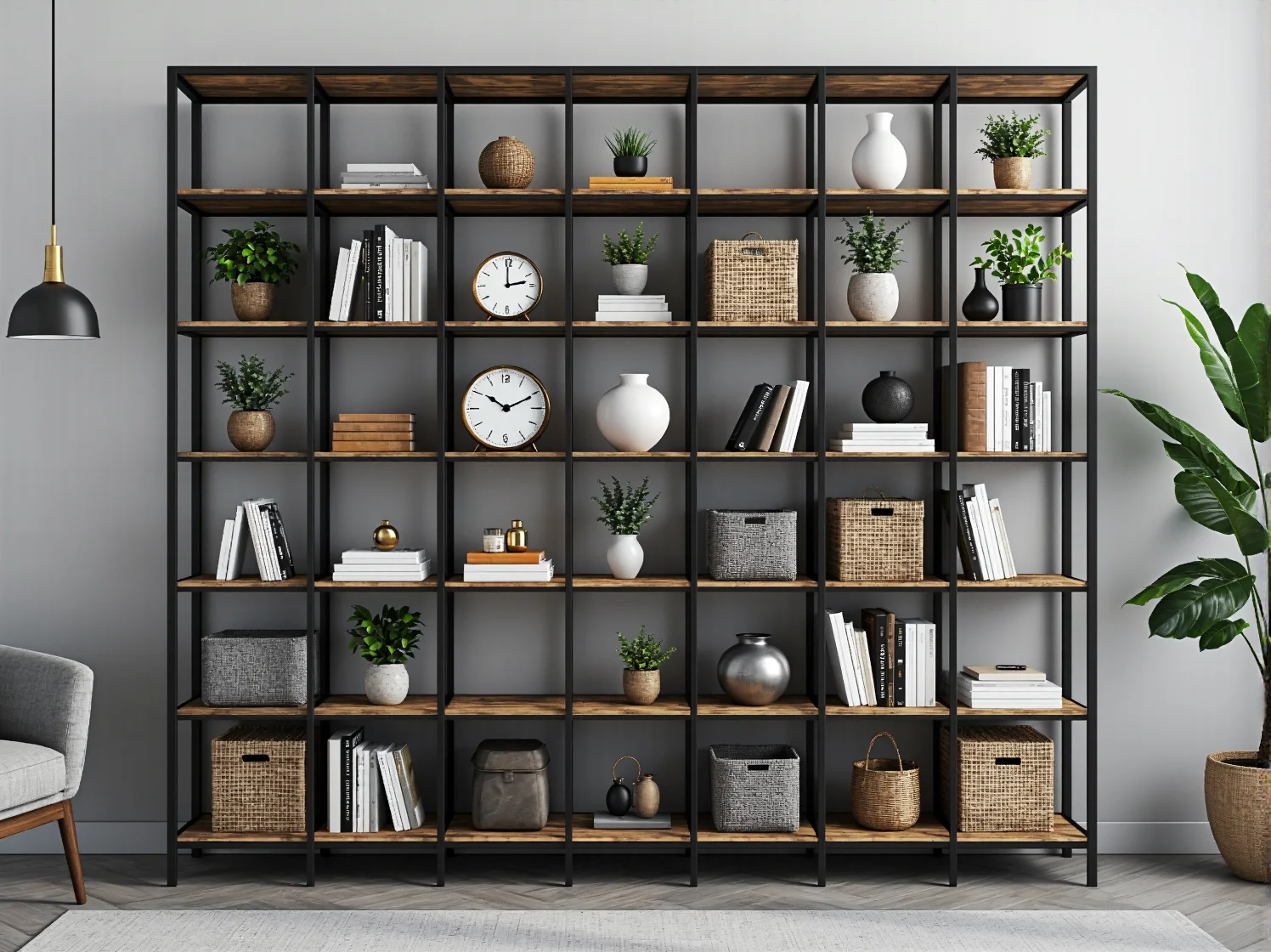 Aranżacja salonu z regałem industrialnym jako centralnym punktem, eksponującym dodatki.