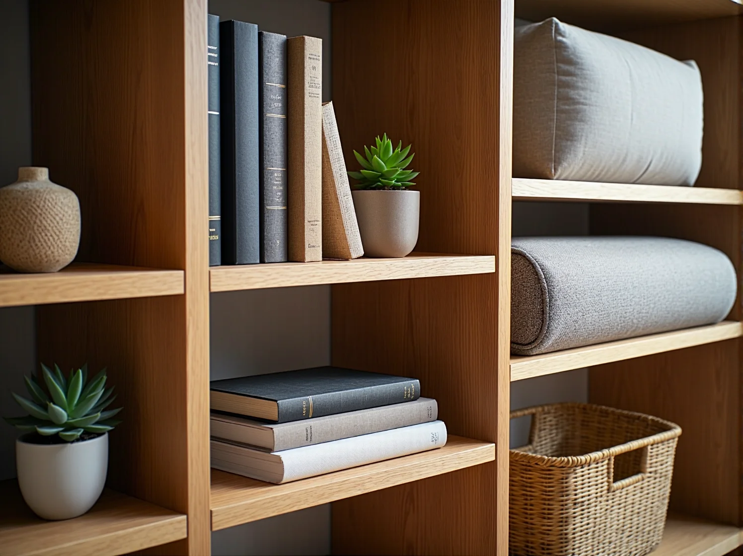 Biały regał na książki w stylu scandi z dekoracjami i roślinami doniczkowymi