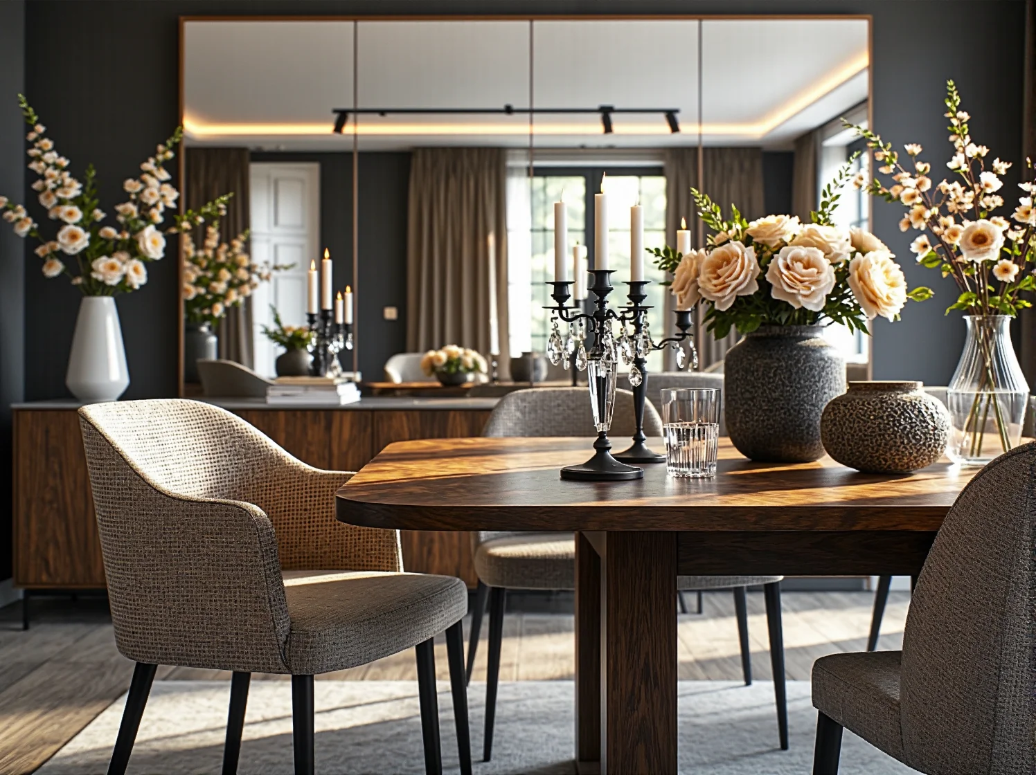 Dekoracja stołu w jadalni glamour z wykorzystaniem lśniących kryształów.