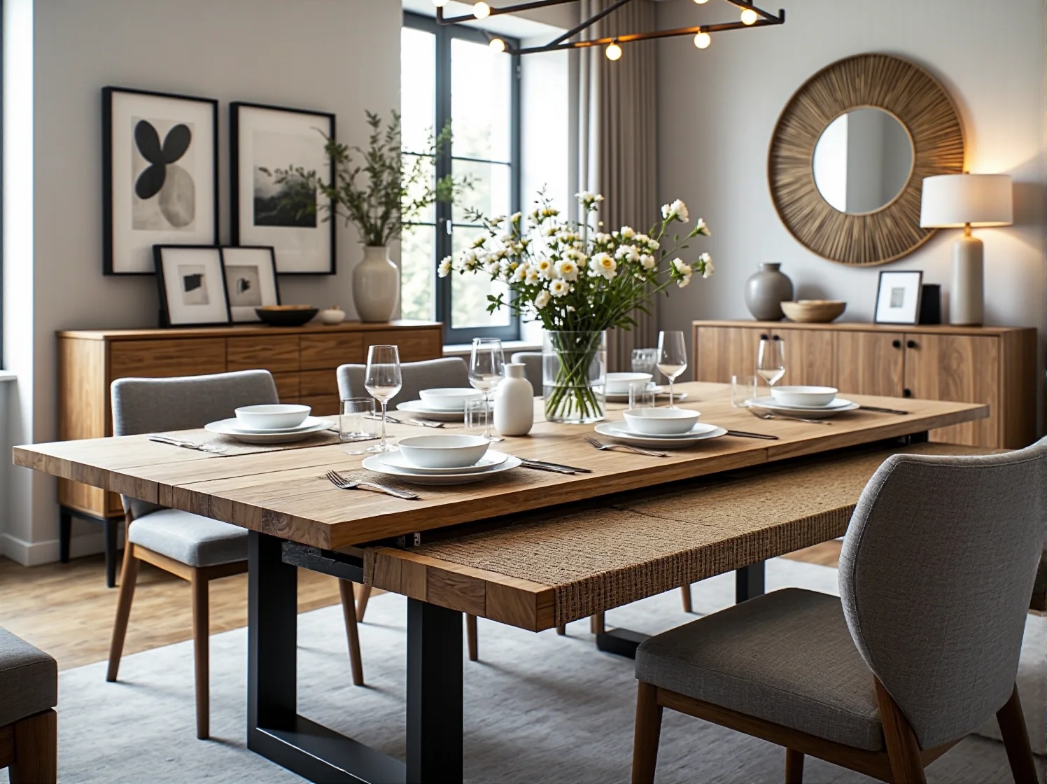 Funkcjonalny rozkładany stół z krzesłami, udekorowany wazonem z kwiatami i stylowymi podkładkami.