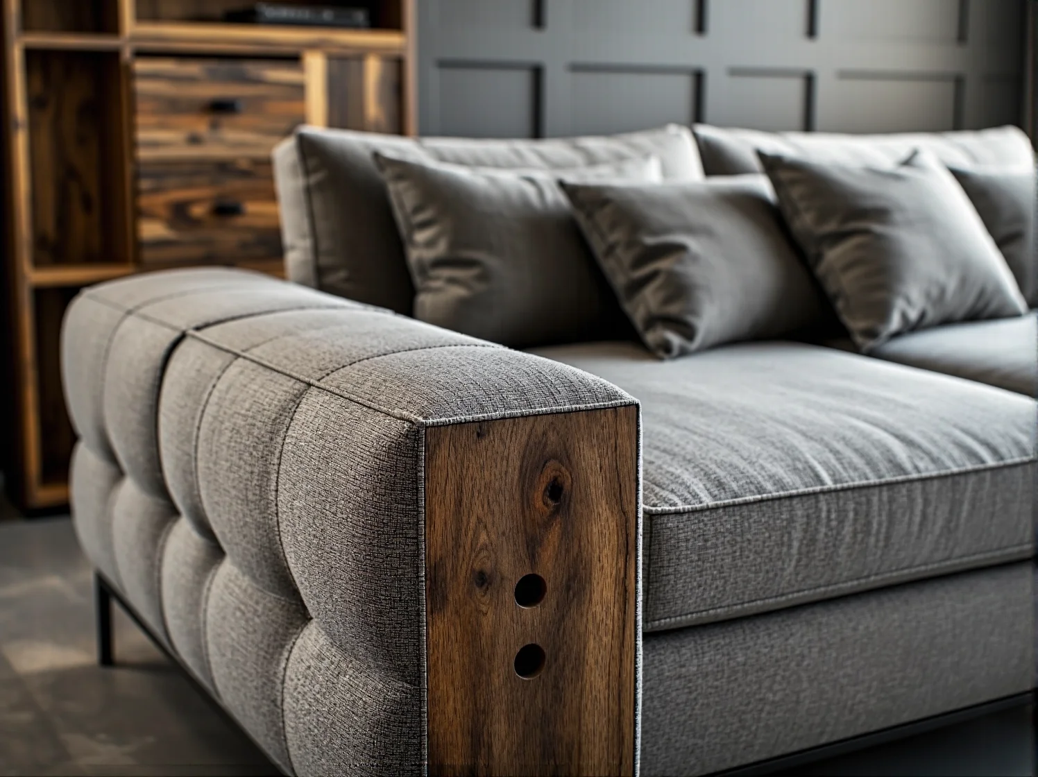 Drewniana szafa i komoda w stylu rustykalnym wprowadzające naturalny klimat.