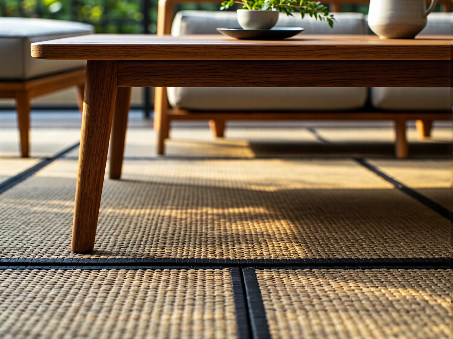 Drewniane meble ogrodowe i naturalne dodatki w skandynawskim stylu na tarasie japandi.