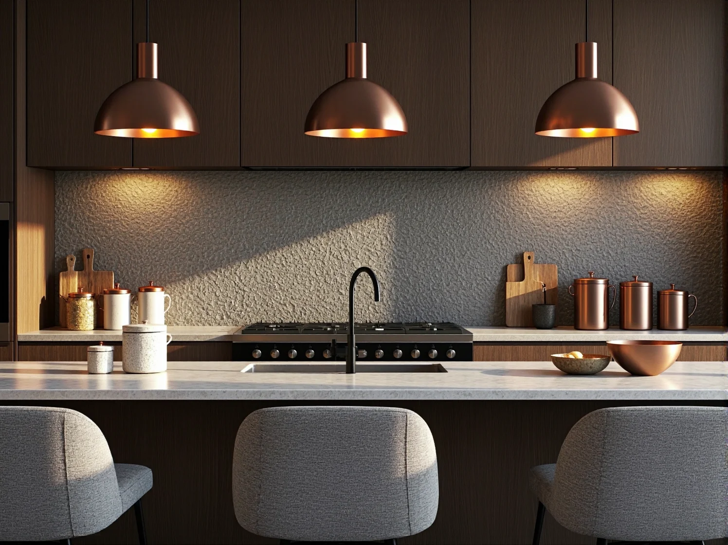 Zbliżenie na połączenie surowego drewna szafek kuchennych z luksusowym, białym marmurowym blatem.