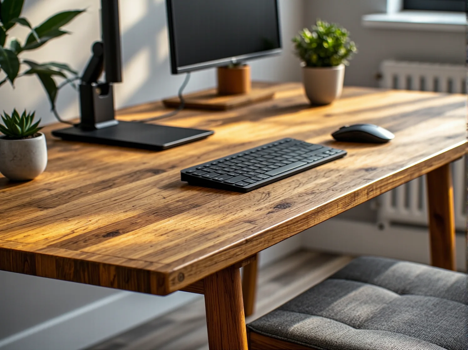 Jasna przestrzeń biurowa z dużą ilością roślin i biurkiem eco-friendly