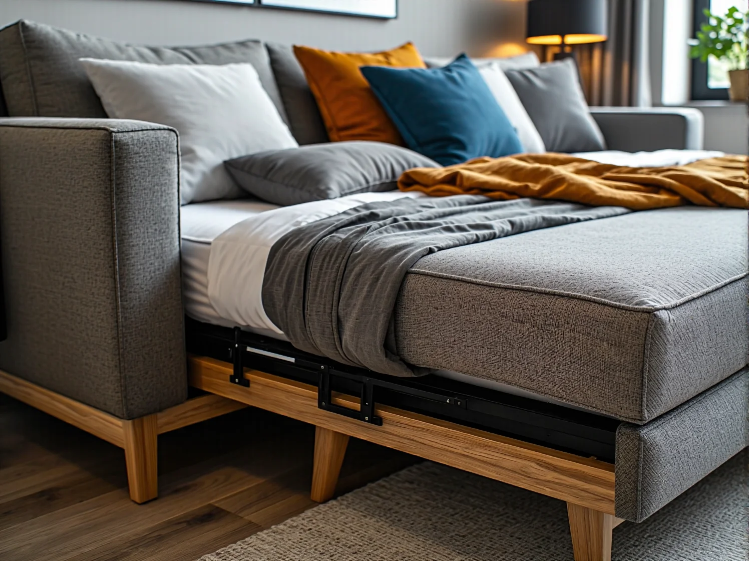 Nowoczesny narożnik z pojemnikiem na pościel, idealny jako wygodne łóżko dla gości.