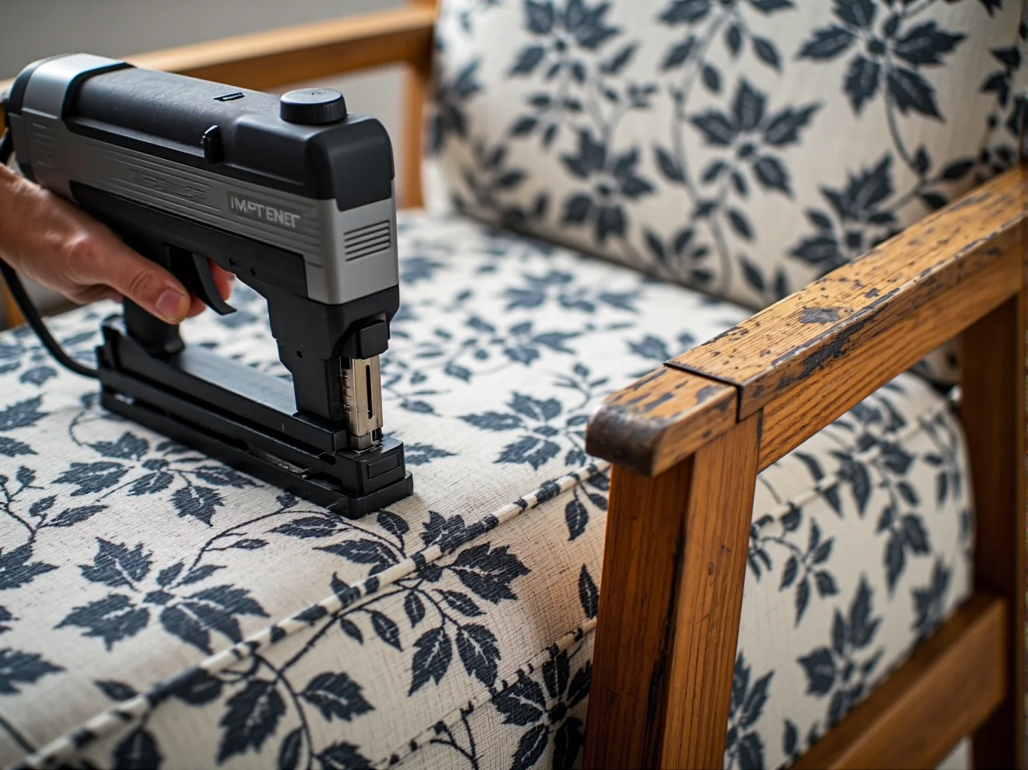 Elektryczny zszywacz tapicerski podczas mocowania nowej tkaniny na siedzisku