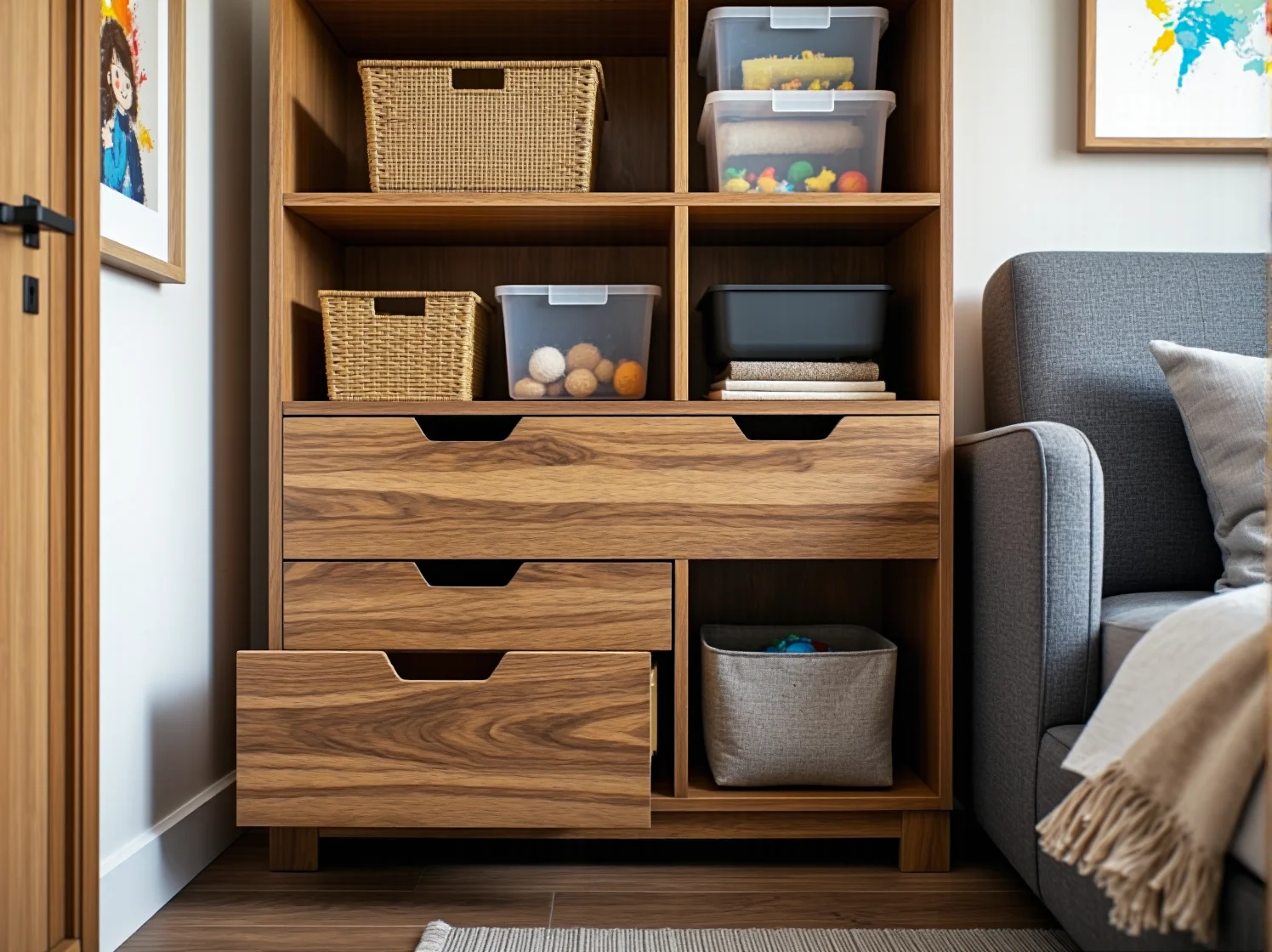 Bezpieczna i funkcjonalna komoda dziecięca z przewijakiem w przytulnym, nowocześnie urządzonym pokoju malucha.