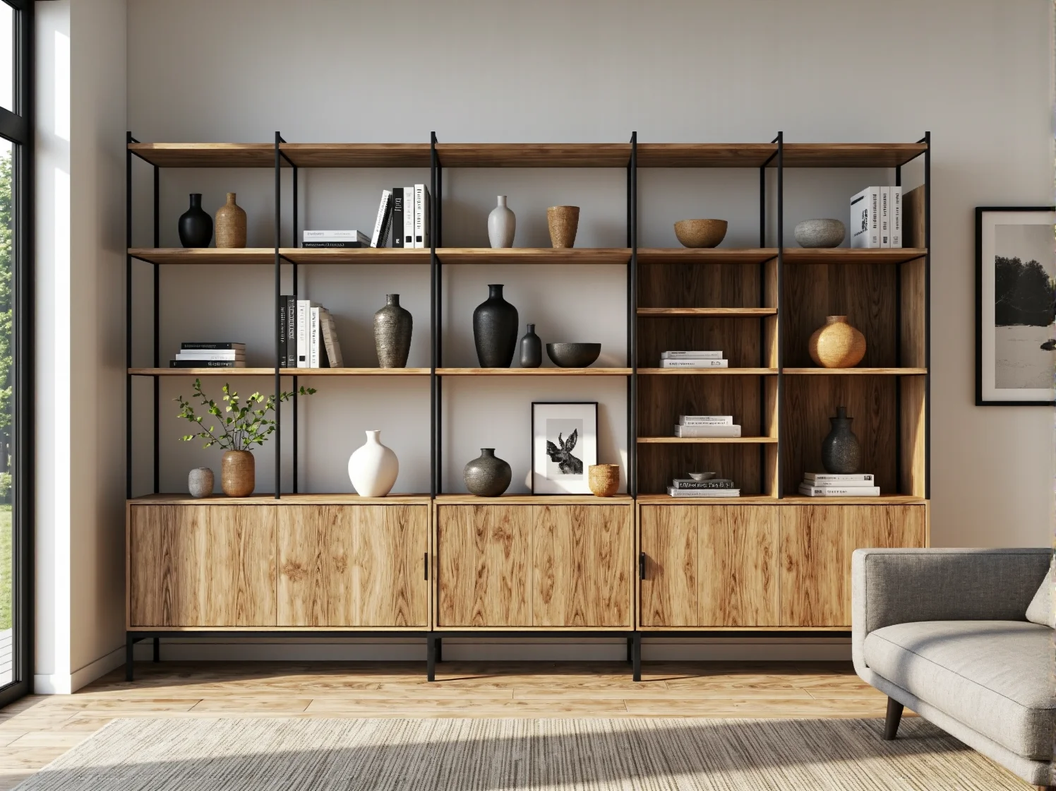 Funkcjonalny regał skandynawski z koszami do przechowywania w jasnym pokoju