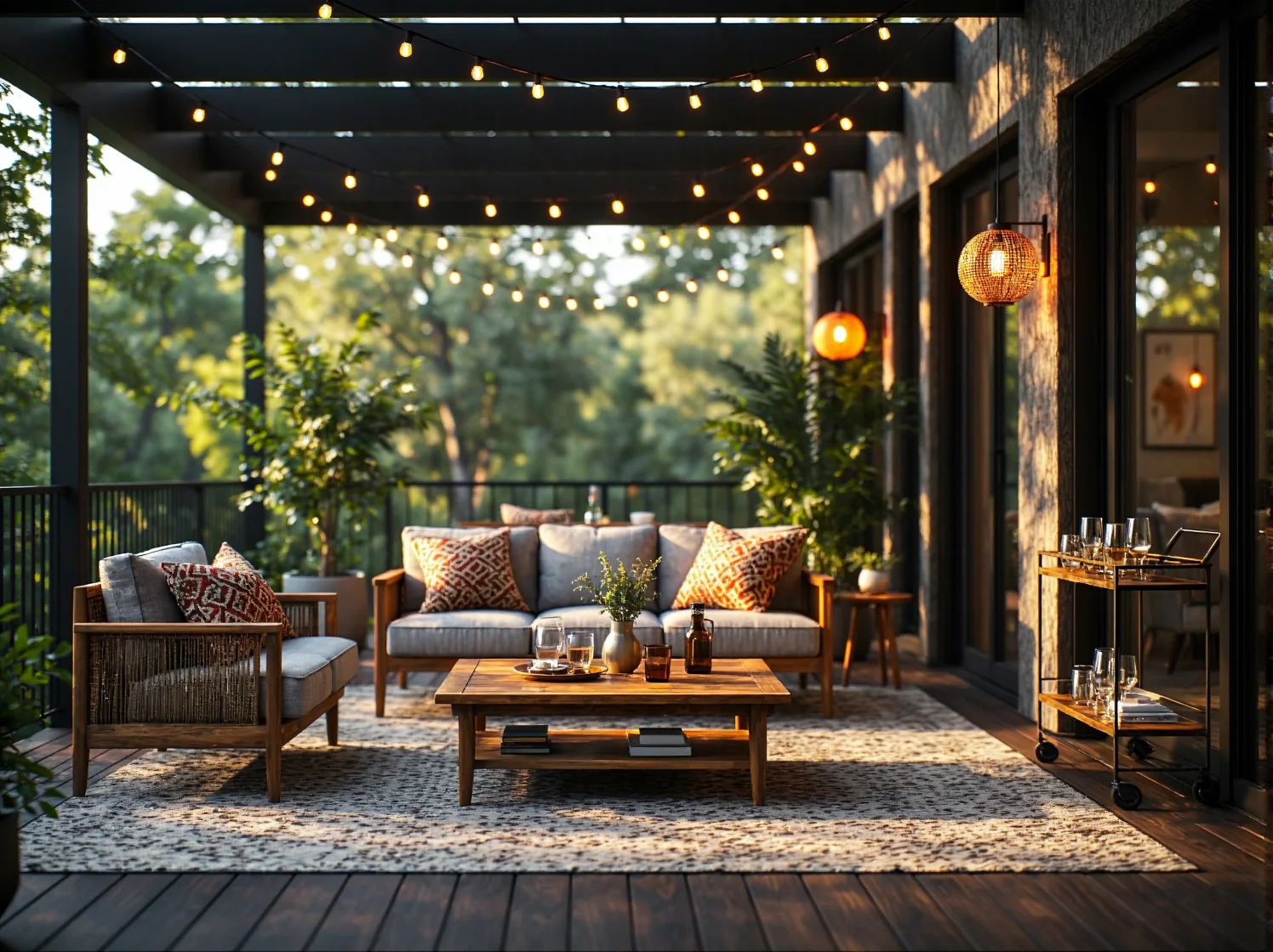 Girlanda świetlna zdobiąca metalowe krzesła i rośliny na małym balkonie retro.