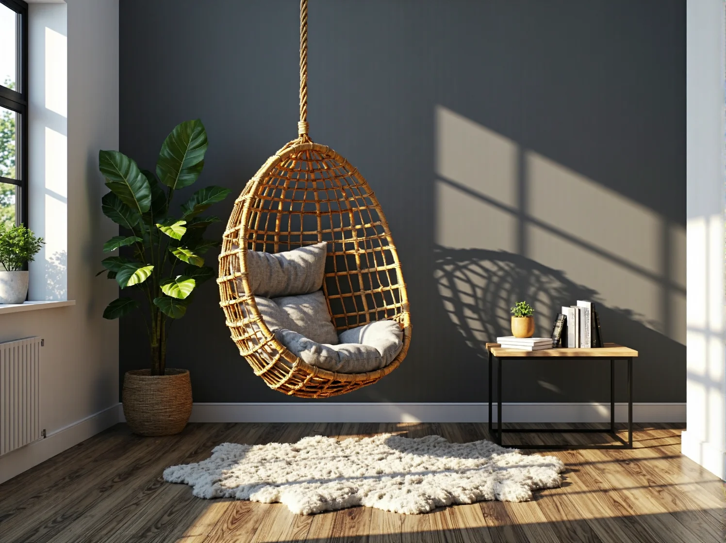 Stylowe meble z tarasu użyte wewnątrz do powiększenia funkcjonalności małego wnętrza.