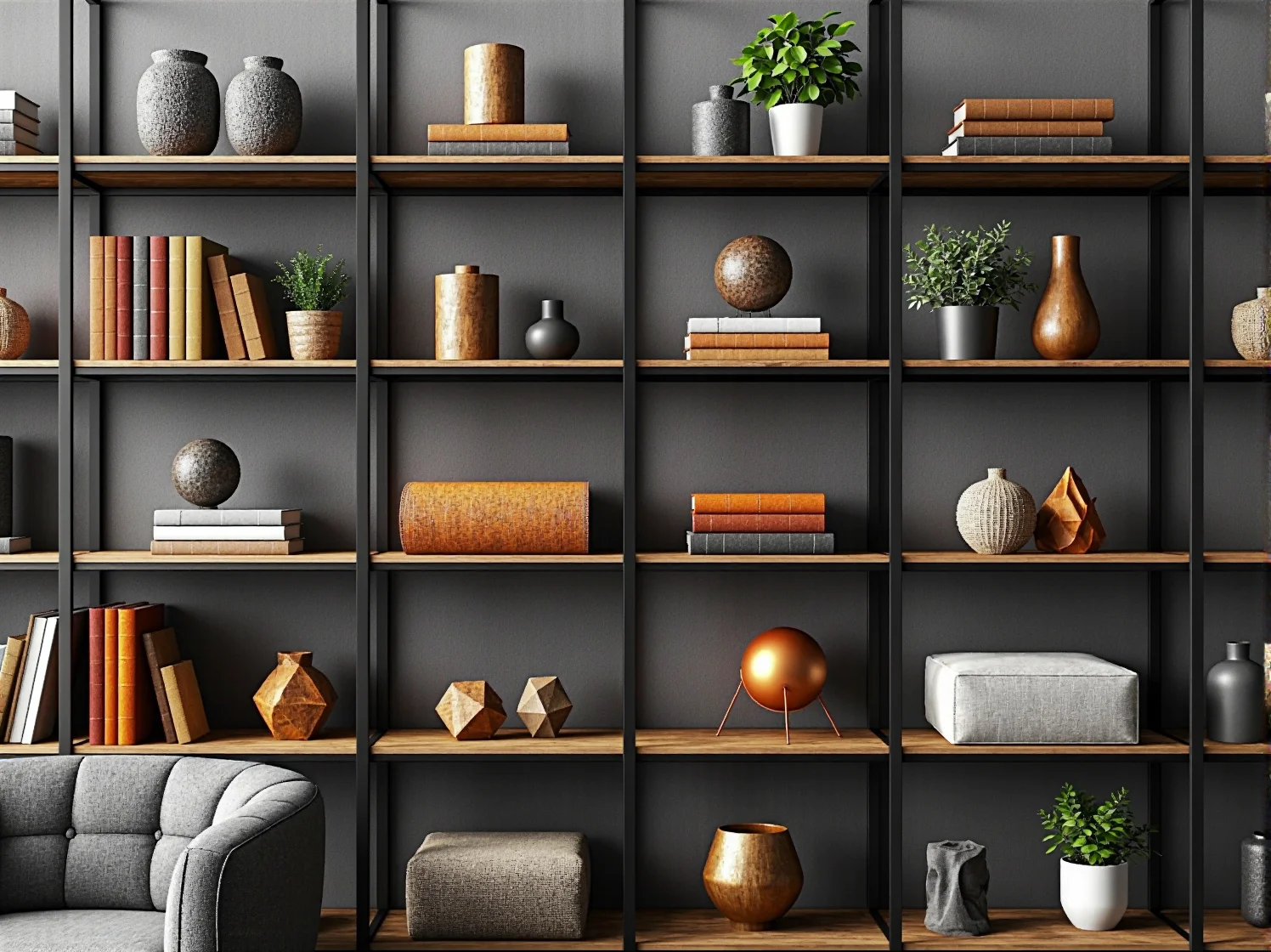 Zbliżenie na surowe drewno i czarną stal w konstrukcji regału industrialnego do salonu.