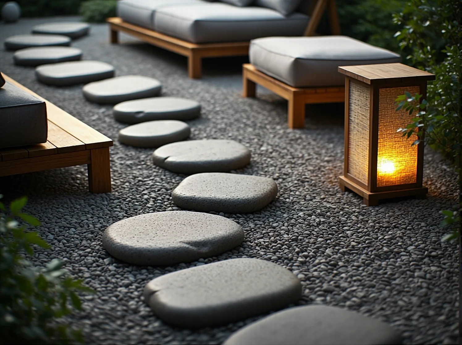 Japoński minimalizm w plenerze - kamienne ścieżki, bambus i proste formy w ogrodzie japandi.