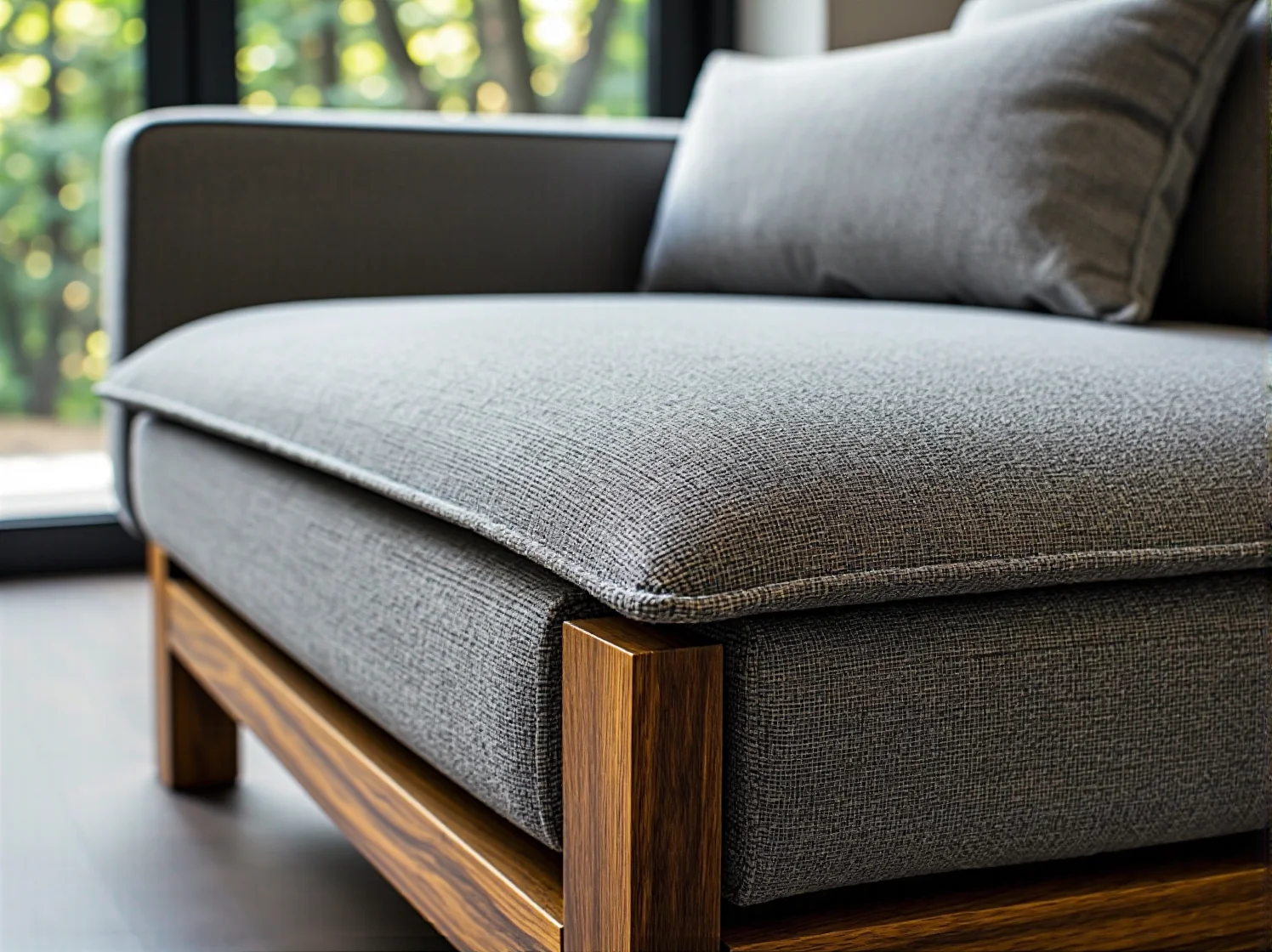 Jasny narożnik z trwałych tkanin w nowoczesnym salonie połączonym z tarasem i ogrodem.