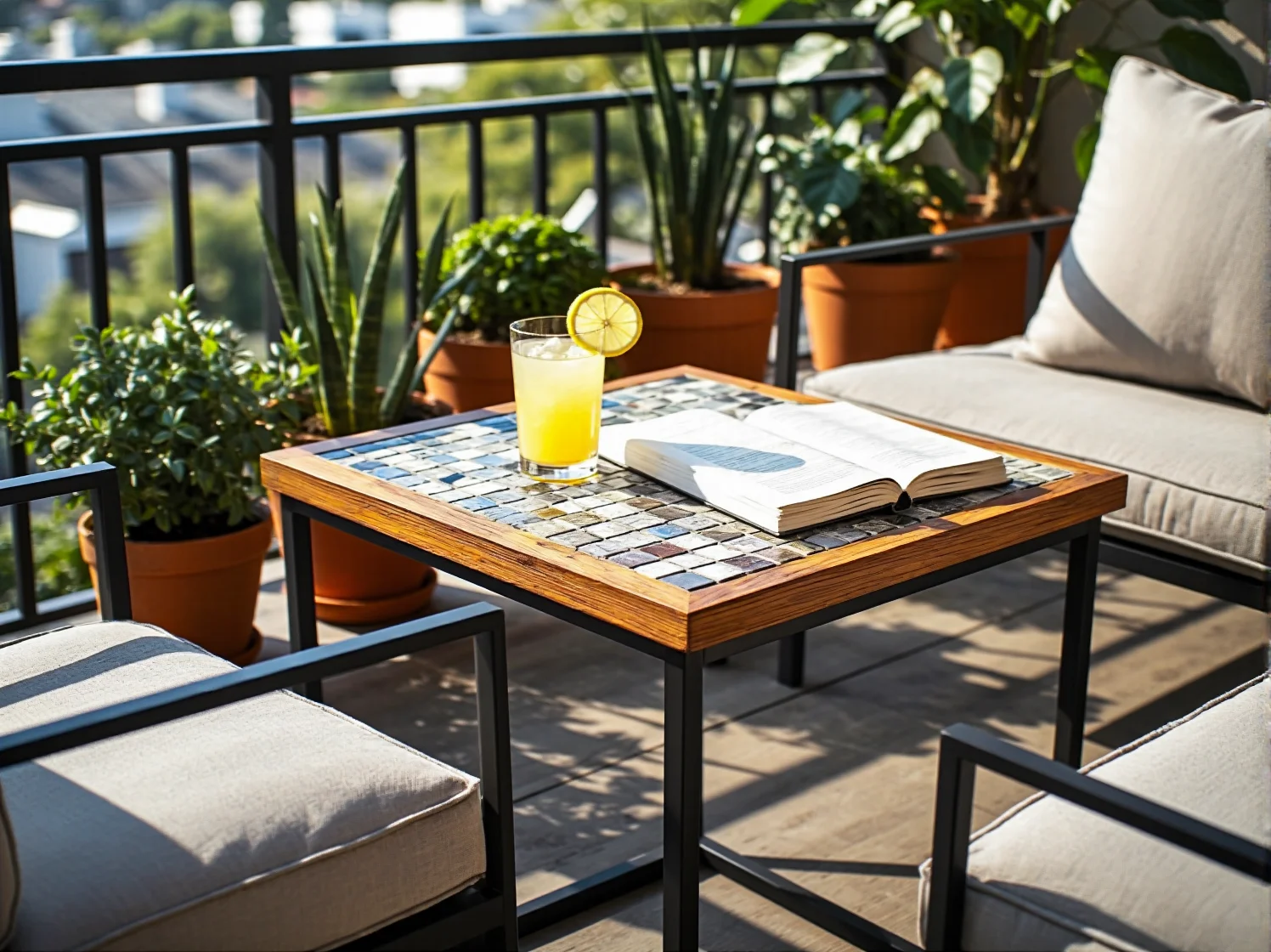 Kinkiety w stylu vintage na ceglanej ścianie nad małym stolikiem kawowym.