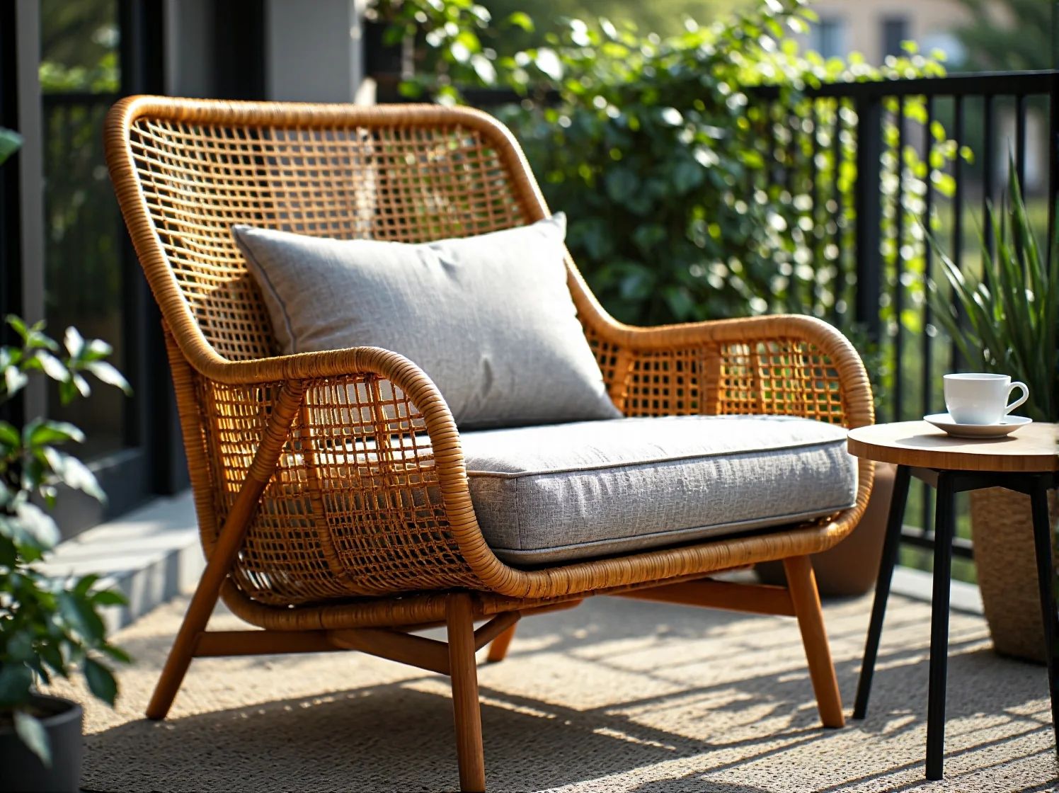 Klimatyczne lampiony oświetlające rattanowe meble balkonowe w letni wieczór.