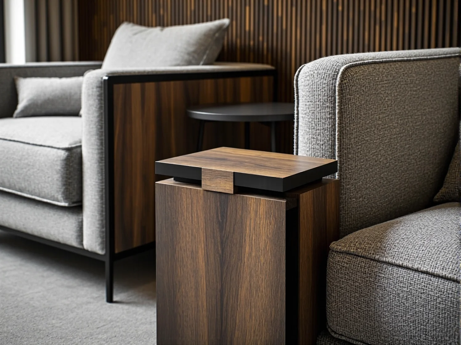 Jasna łazienka hotelowa z elementami drewna i kamienia, inspirowana stylem japandi.