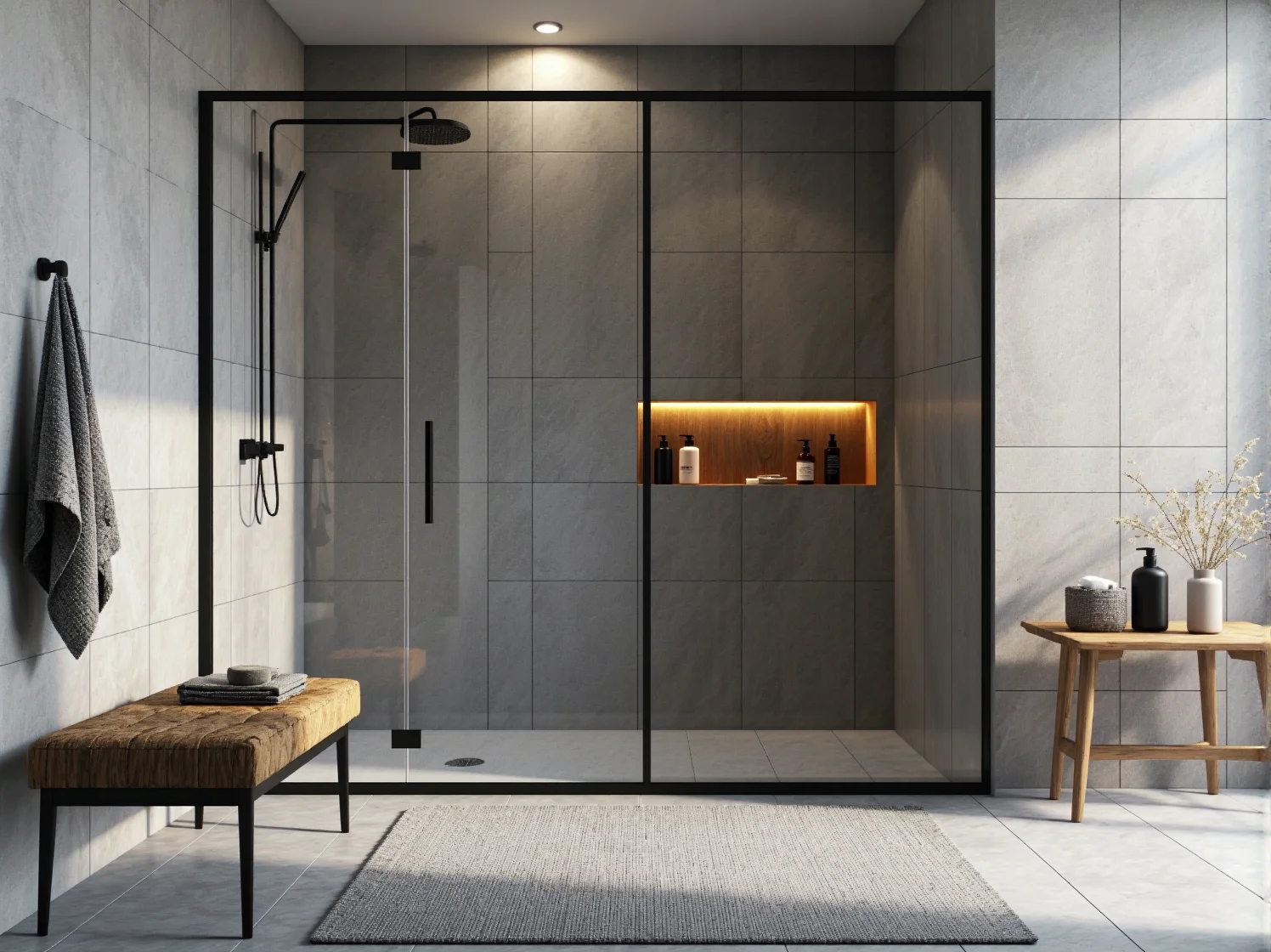 Jasna łazienka w stylu skandynawskim z naturalnym drewnem i kamieniem