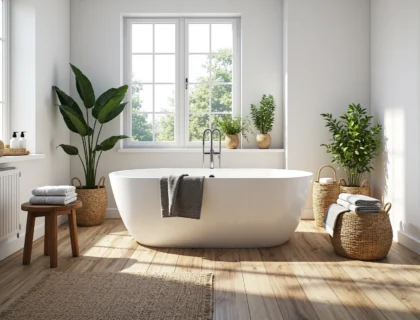 Wolnostojąca wanna biała owalna z chromowaną baterią