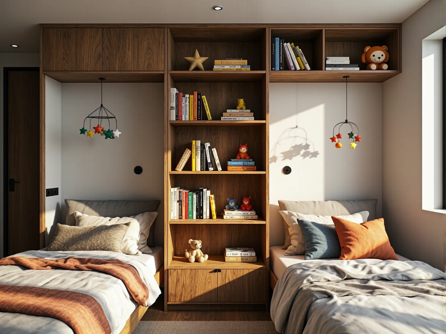 Meble 2w1 do pokoju dziecka: drewniane łóżko z wbudowanym regałem na książki i zabawki.