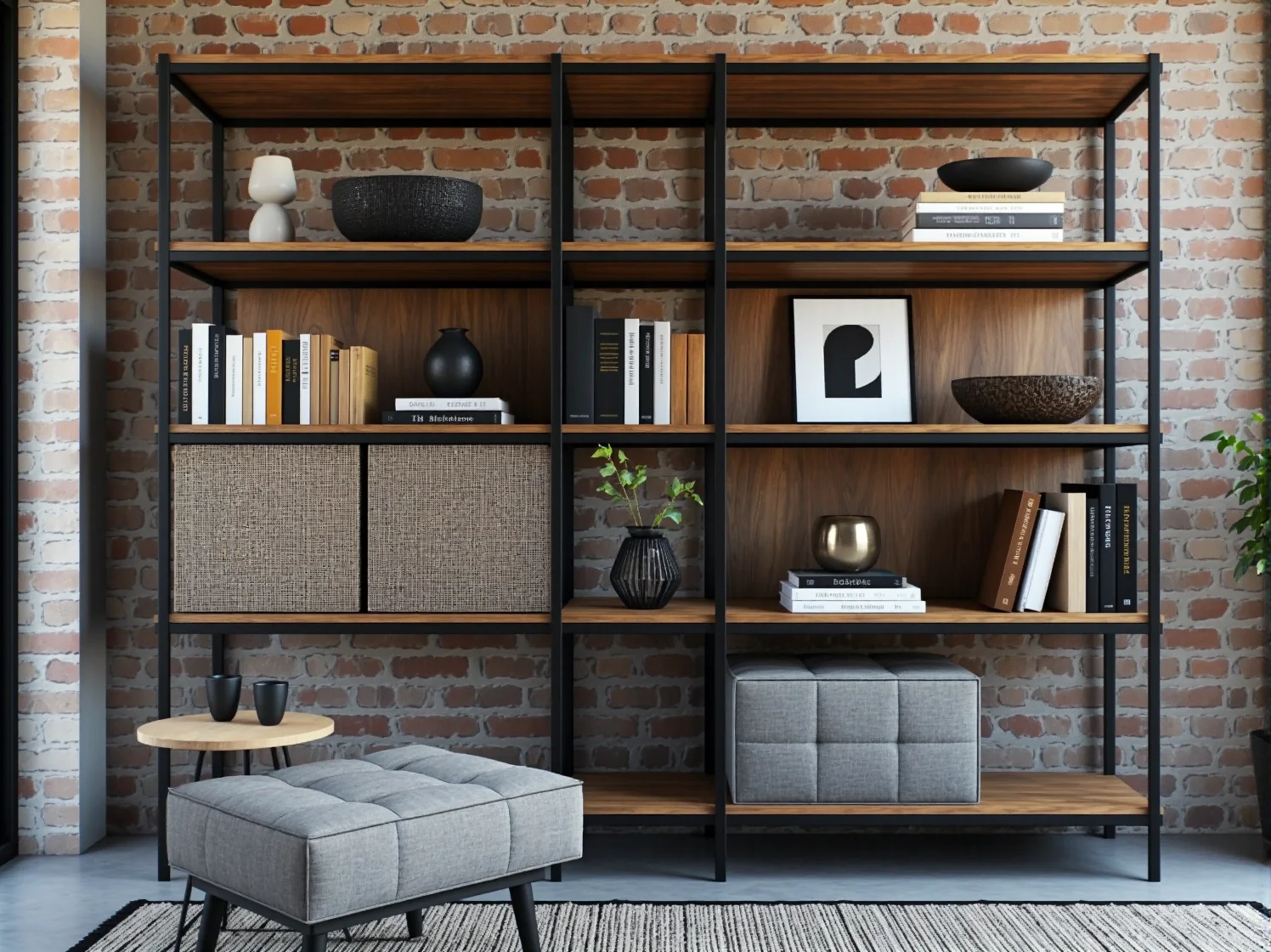 Wysoki, otwarty regał na książki w loftowym salonie, podkreślający industrialny charakter wnętrza.