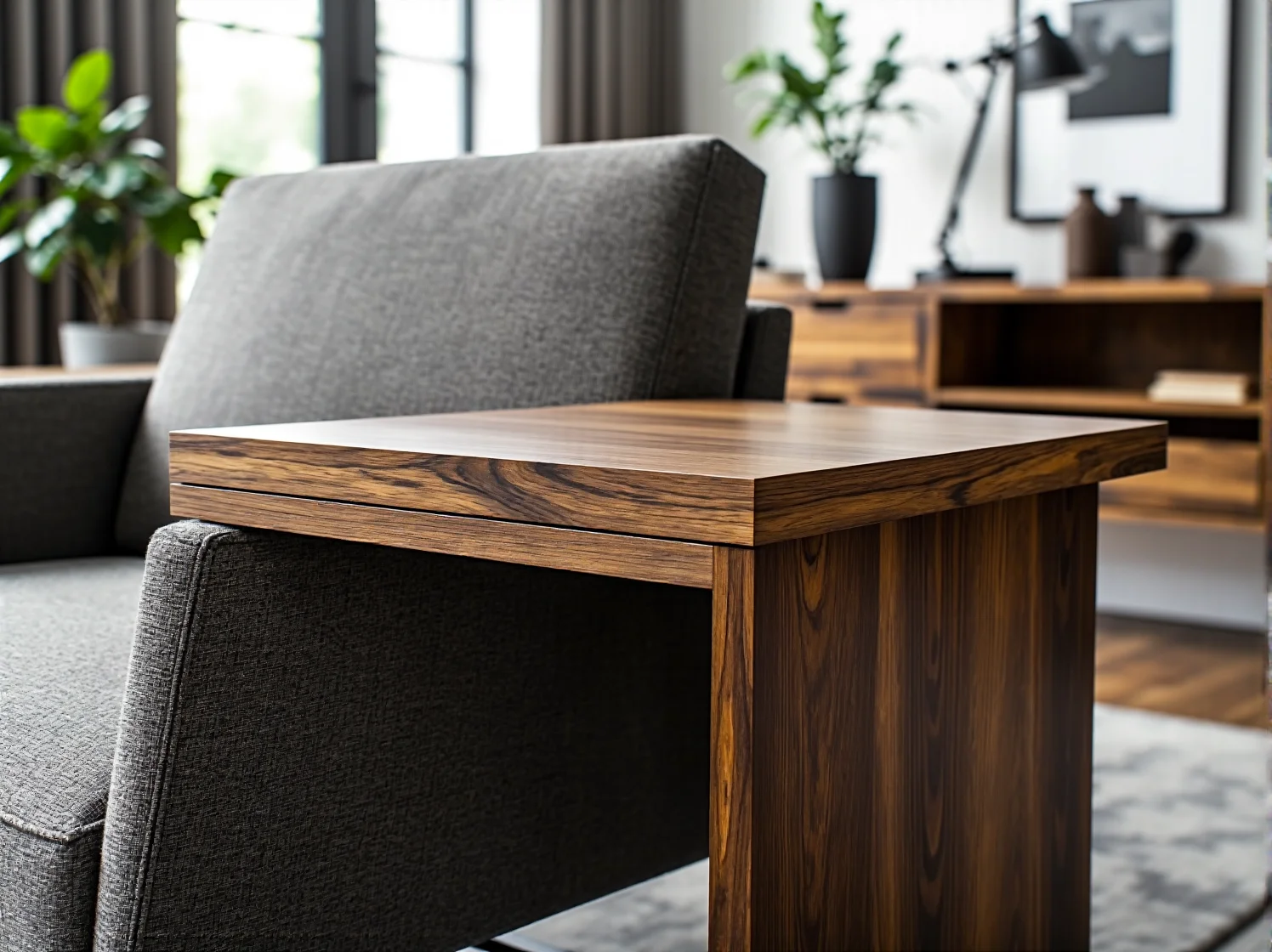 Detale skandynawskiego biura: minimalistyczna lampka na biurko, organizer z jasnego drewna i monstera.