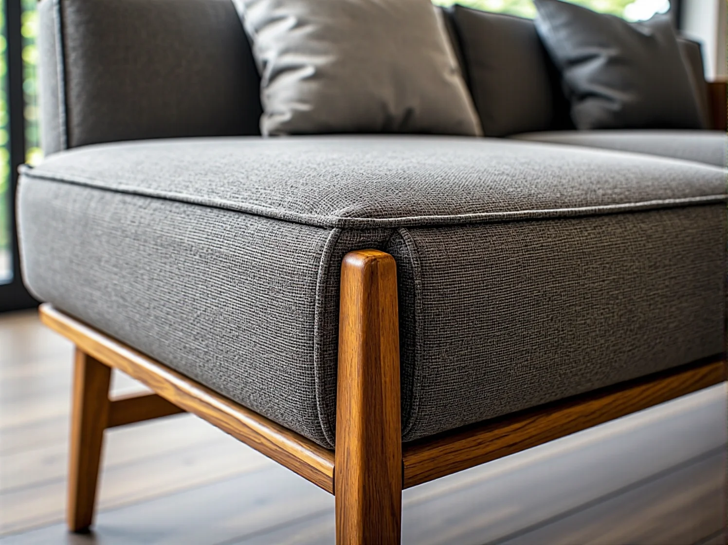 Modny narożnik w kolorze ziemi integrujący wnętrze domu z przestrzenią ogrodu.