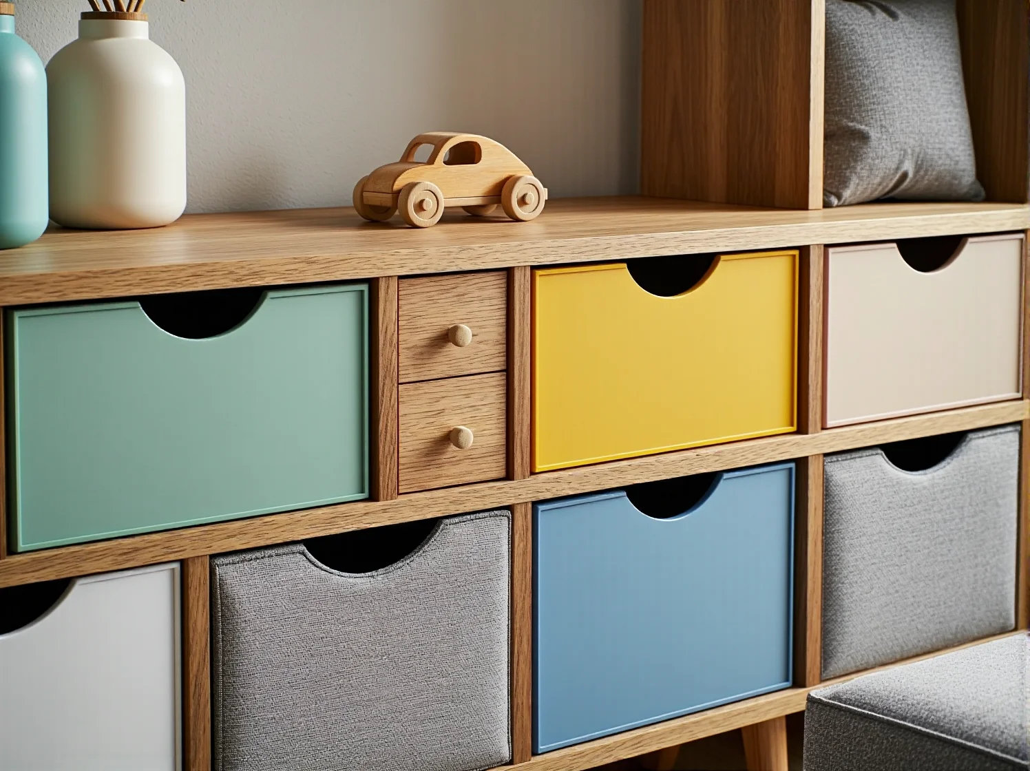 Modułowa komoda dziecięca z kolorowymi szufladami, idealna do przechowywania zabawek i ubrań w pokoju dziecka.