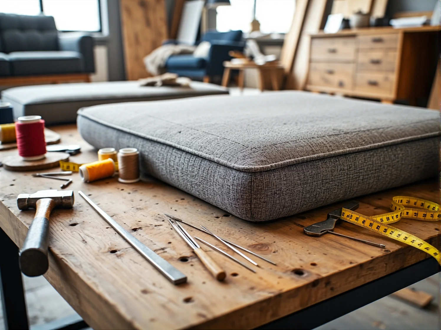 Przybory do naprawy drewnianego stelaża w fotelu: klej do drewna, ściski stolarskie i papier ścierny.