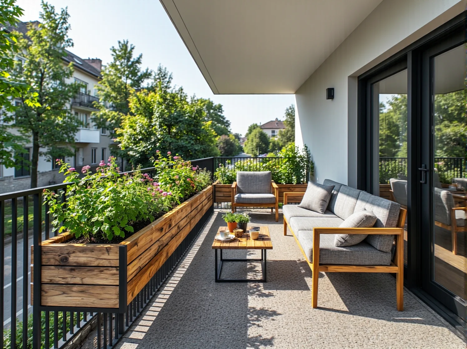 Wygodny narożnik z wbudowanym pojemnikiem na małym balkonie.