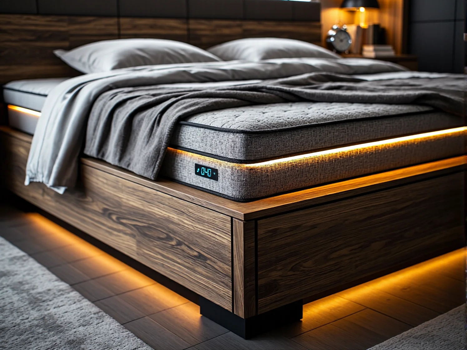 Komfortowe łóżko kontynentalne z oświetleniem ambientowym LED, widok z boku na warstwy materacy.