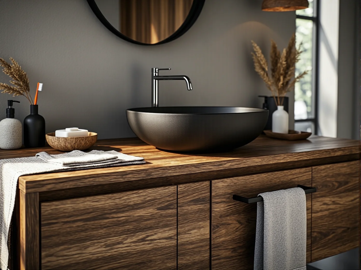 Naturalne materiały w łazience: połączenie jasnego drewna i szarego kamienia