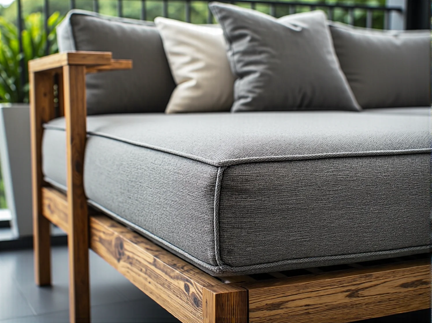 Wygodny fotel ogrodowy i donice z roślinami. Minimalistyczne dodatki na nowoczesnym balkonie.