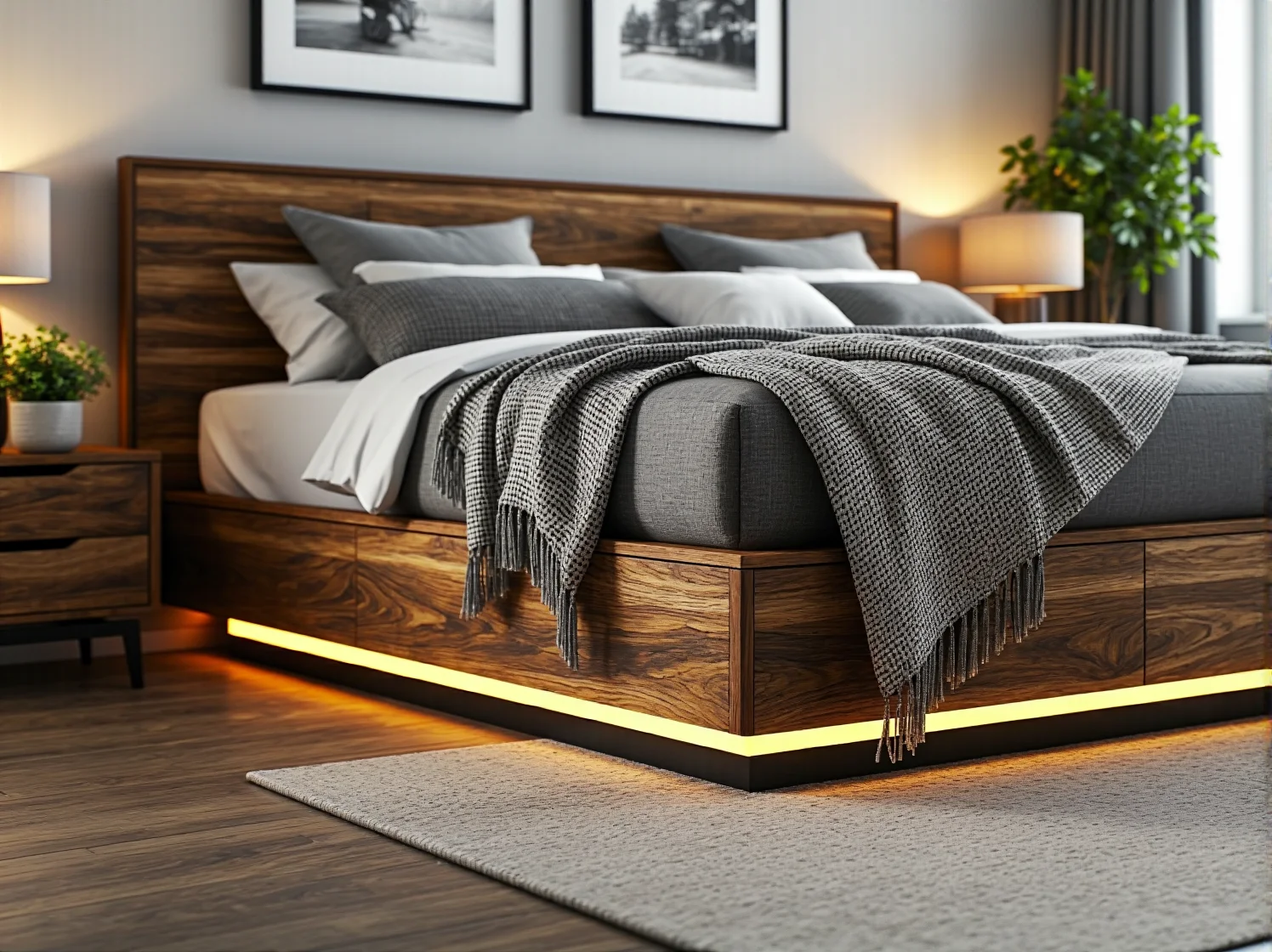 Zbliżenie na wezgłowie łóżka kontynentalnego z włączonym oświetleniem LED, podkreślające jego design.