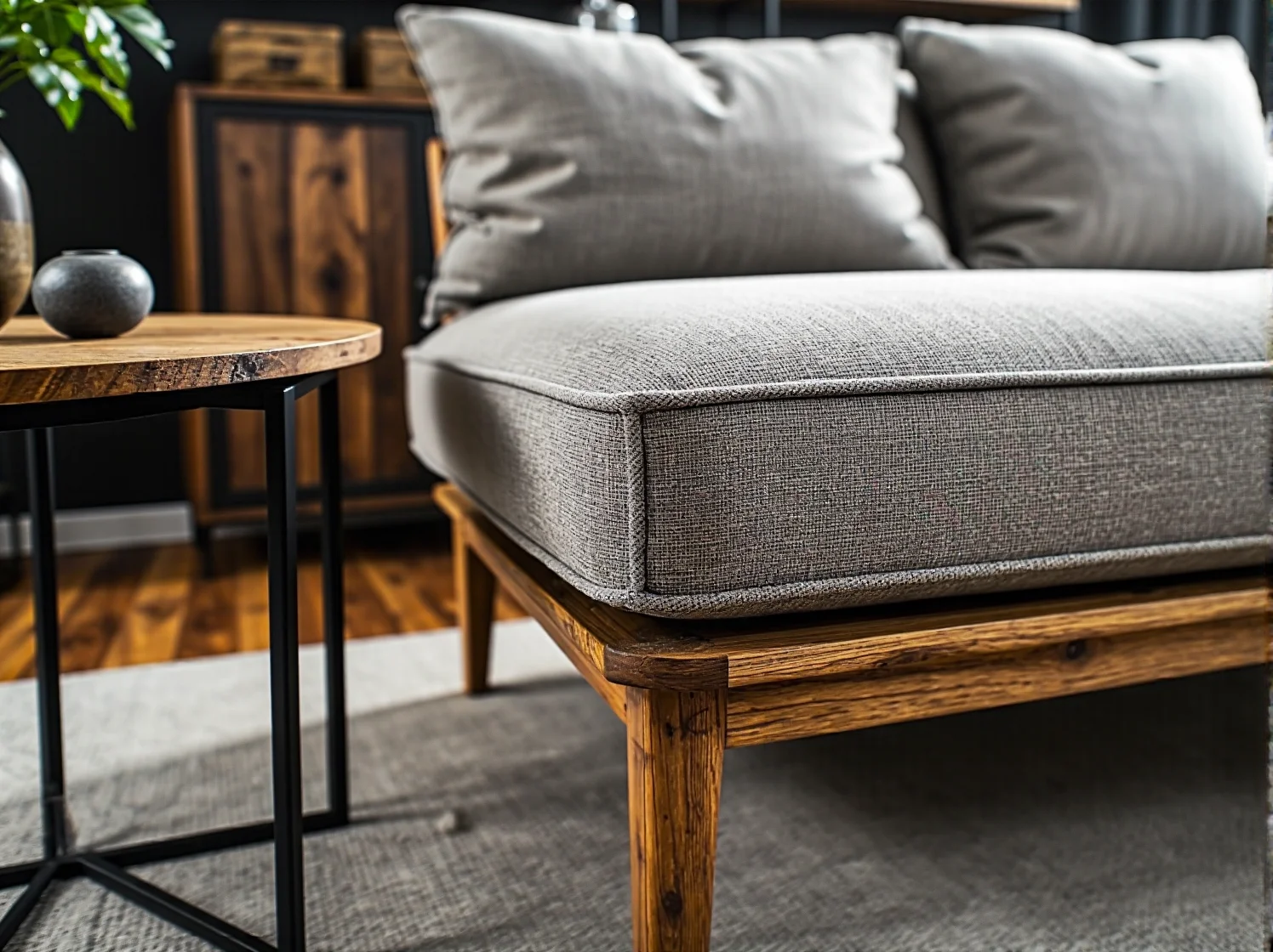 Przytulny kącik wypoczynkowy z odrestaurowanym szarym foteliem.