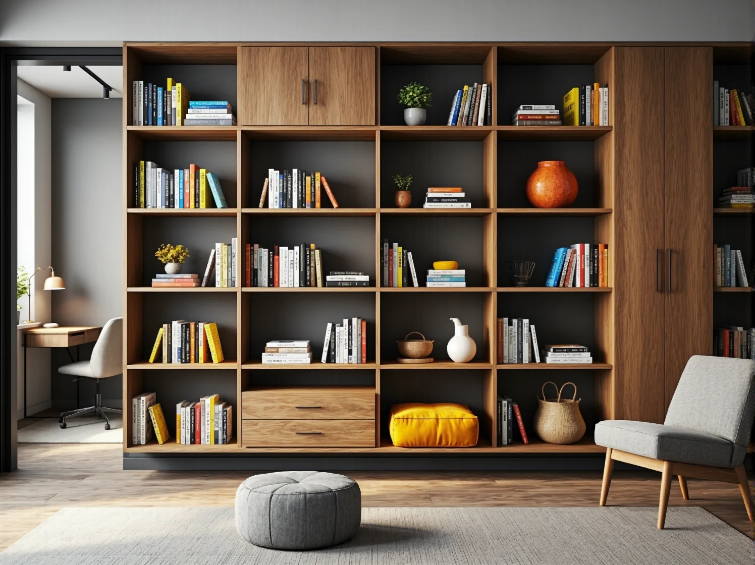 Zasada rotacji książek na niskim regale w małych przestrzeniach ułatwiająca organizację.