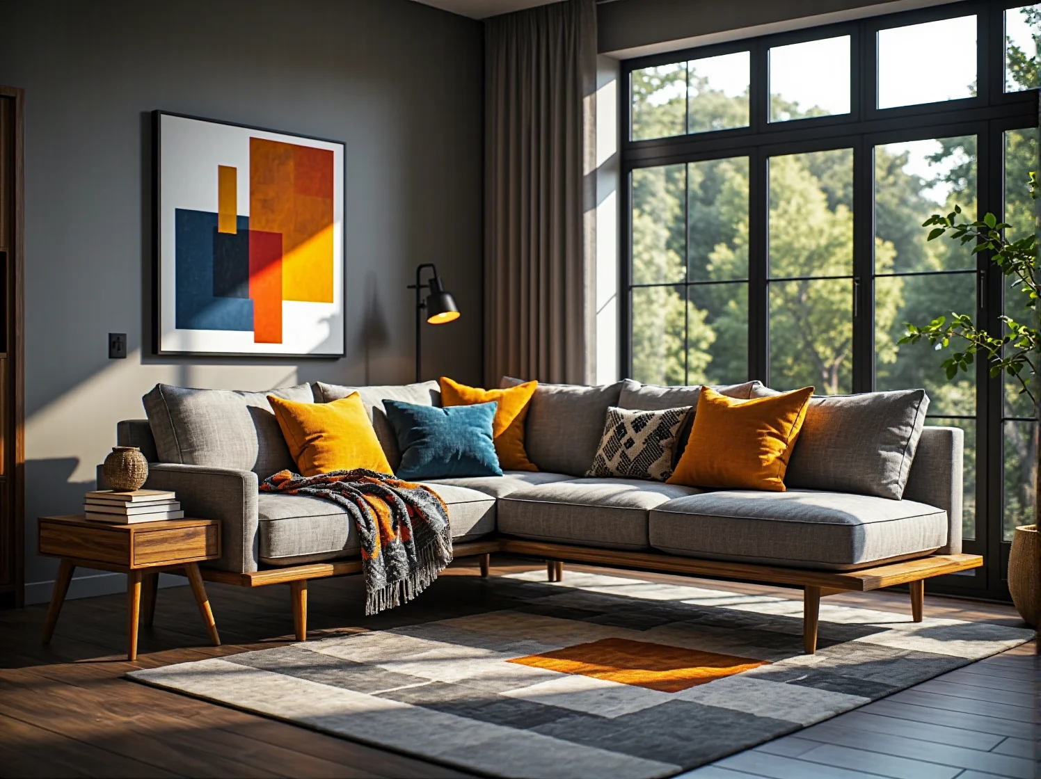 Wielofunkcyjna pufa pełniąca rolę stolika, z drewnianą tacą, książkami i zapalonymi świecami.