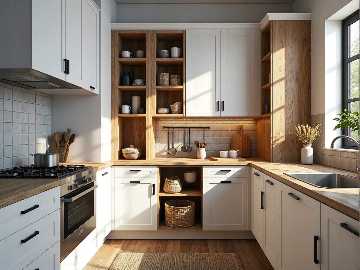 Półki w kształcie nerki typu Le Mans ułatwiające przechowywanie garnków w małych szafkach narożnych.