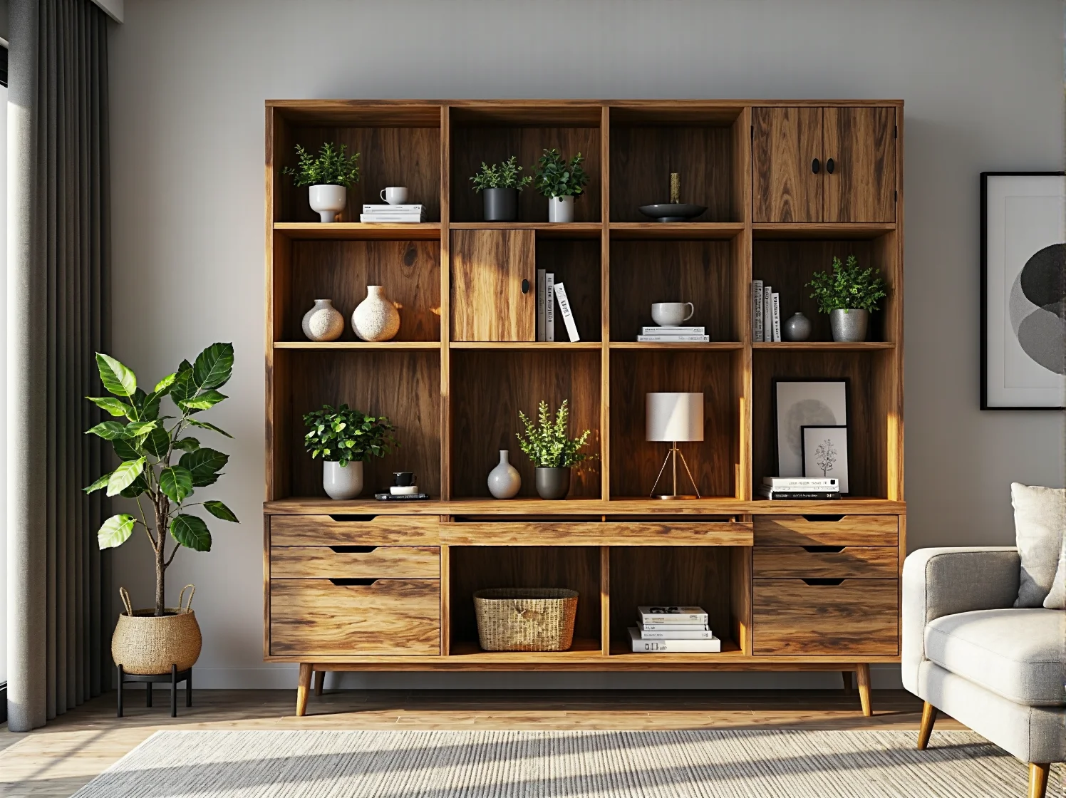 Półko-tapczan w nowoczesnym pokoju, sprytne meble do zadań specjalnych.