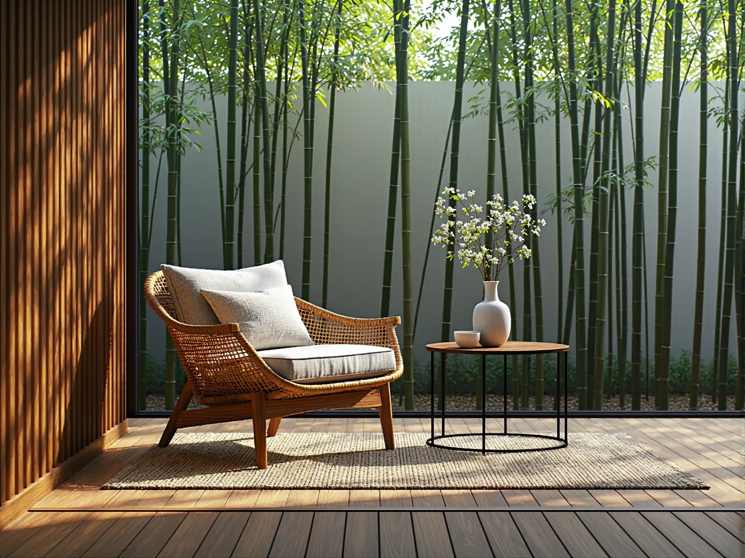 Przytulny kącik wypoczynkowy w ogrodzie japandi z lampionami i lnianymi tekstyliami.