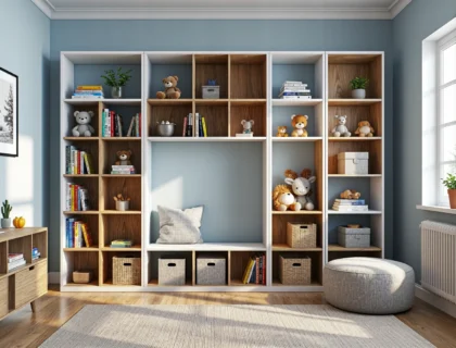 Regał modułowy biało-dębowy z półkami i wnęką na siedzisko