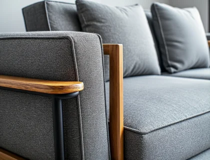 Szara sofa tapicerowana z drewnianymi podłokietnikami i poduszkami