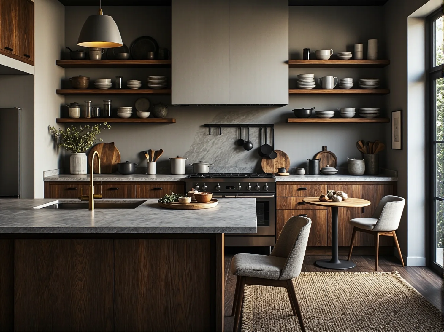 Stół jadalniany z litego drewna i welurowe krzesła, jako przykład połączenia stylu rustykalnego z glamour.