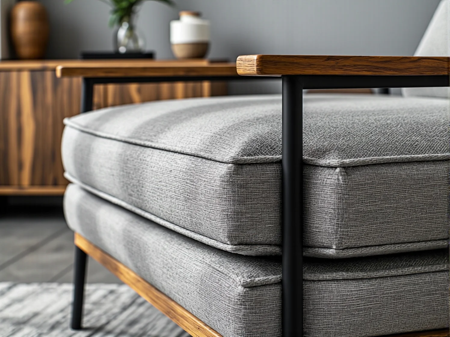 Drewniany stół skandynawski w loftowej jadalni z ceglaną ścianą i metalowymi krzesłami.