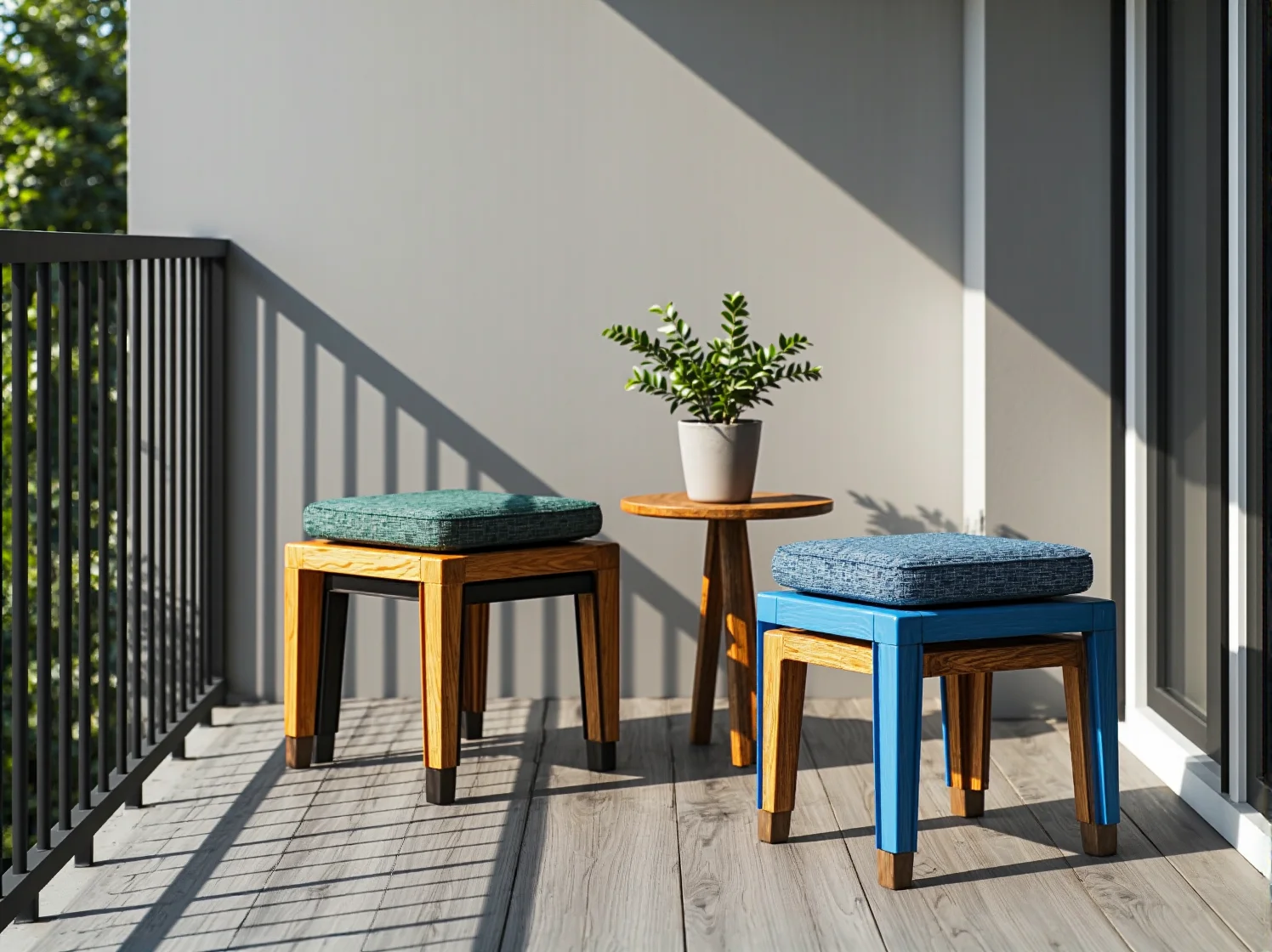 Składany blat na balustradzie i hokery oszczędzające miejsce na balkonie.